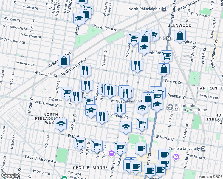 map of restaurants, bars, coffee shops, grocery stores, and more near 2258 North Gratz Street in Philadelphia