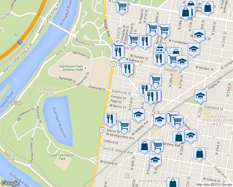 map of restaurants, bars, coffee shops, grocery stores, and more near in Philadelphia