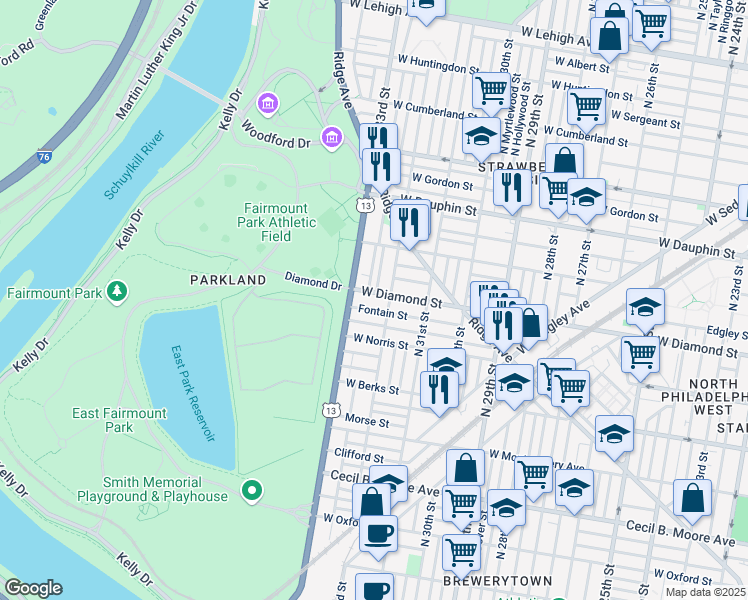 map of restaurants, bars, coffee shops, grocery stores, and more near 3214 West Diamond street in Philadelphia