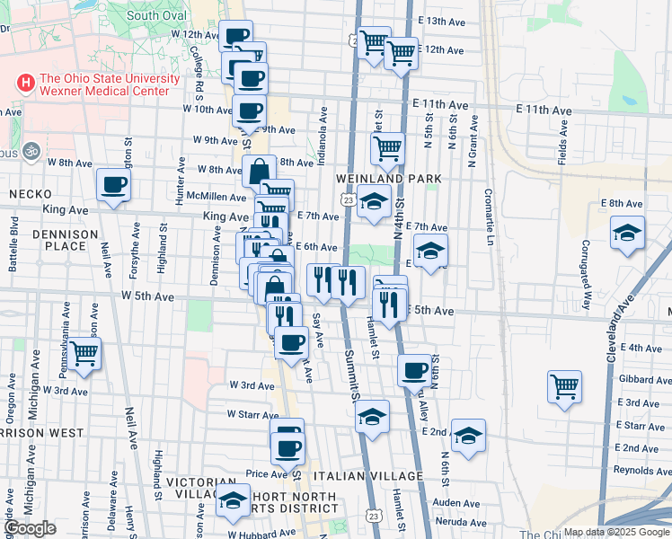 map of restaurants, bars, coffee shops, grocery stores, and more near 1271 Summit Street in Columbus