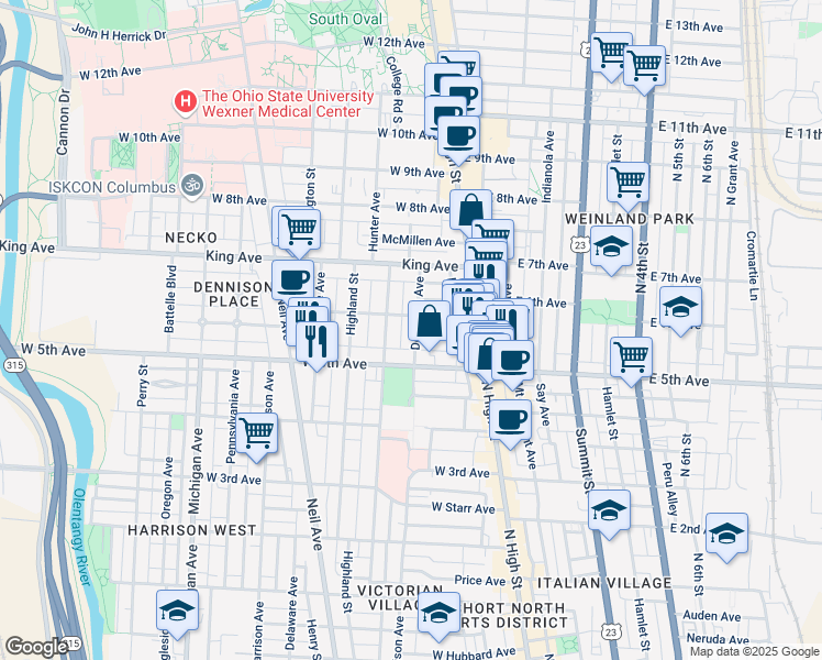 map of restaurants, bars, coffee shops, grocery stores, and more near 1293 Dennison Avenue in Columbus