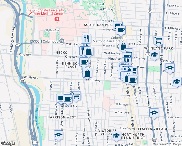 map of restaurants, bars, coffee shops, grocery stores, and more near 1318 Forsythe Avenue in Columbus