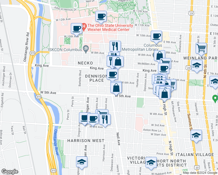 map of restaurants, bars, coffee shops, grocery stores, and more near 1322 Neil Avenue in Columbus