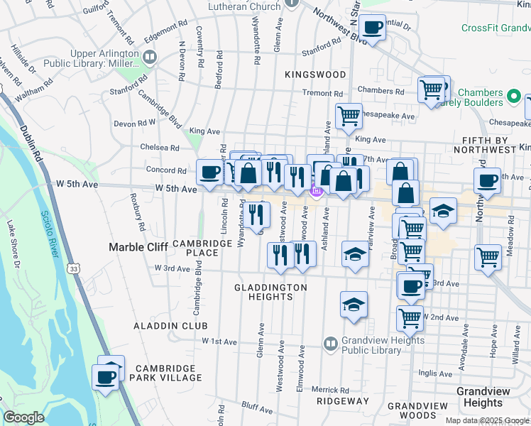 map of restaurants, bars, coffee shops, grocery stores, and more near 1548 Glenn Avenue in Columbus