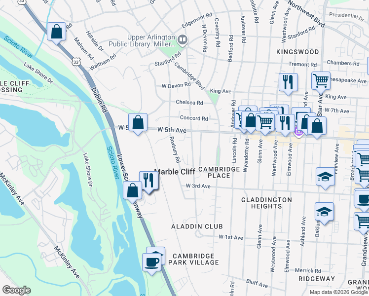 map of restaurants, bars, coffee shops, grocery stores, and more near 1593 Arlington Avenue in Marble Cliff