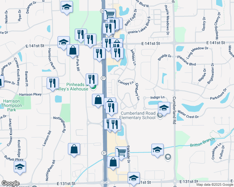 map of restaurants, bars, coffee shops, grocery stores, and more near Fishers Crossing Drive in Fishers