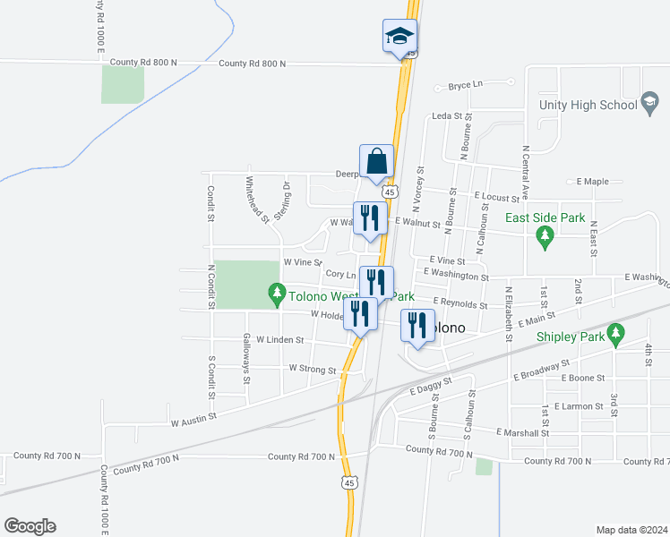 map of restaurants, bars, coffee shops, grocery stores, and more near 306 Cory Street in Tolono