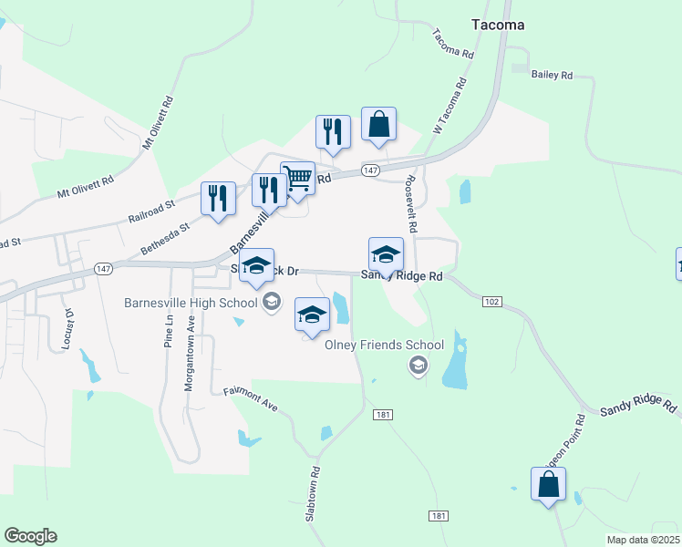 map of restaurants, bars, coffee shops, grocery stores, and more near 970 Shamrock Drive in Barnesville