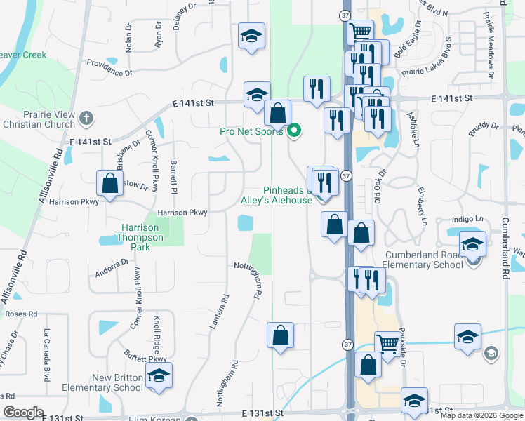 map of restaurants, bars, coffee shops, grocery stores, and more near 8935 Waterton Place in Fishers