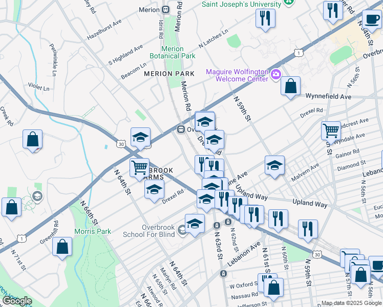 map of restaurants, bars, coffee shops, grocery stores, and more near 2097 North 63rd Street in Philadelphia