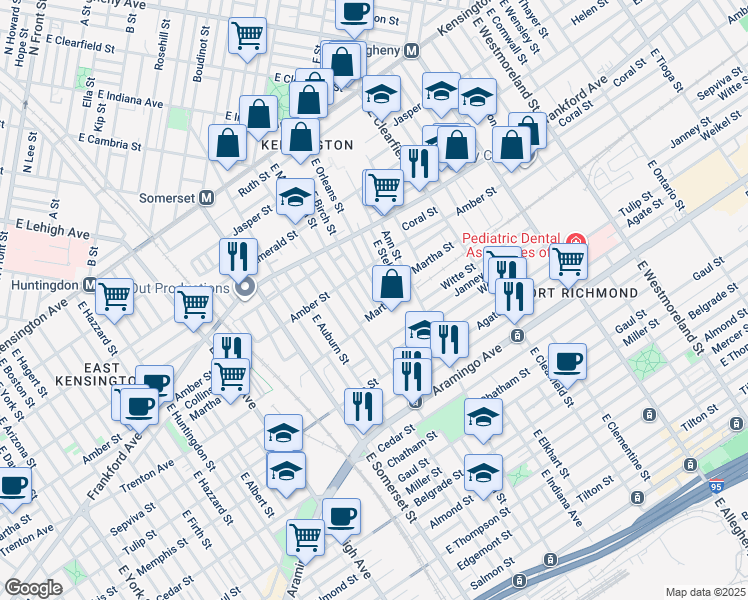 map of restaurants, bars, coffee shops, grocery stores, and more near 2147 East Birch Street in Philadelphia