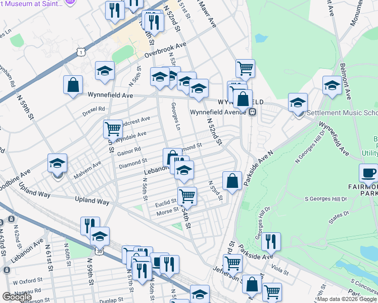 map of restaurants, bars, coffee shops, grocery stores, and more near 5322 Diamond Street in Philadelphia