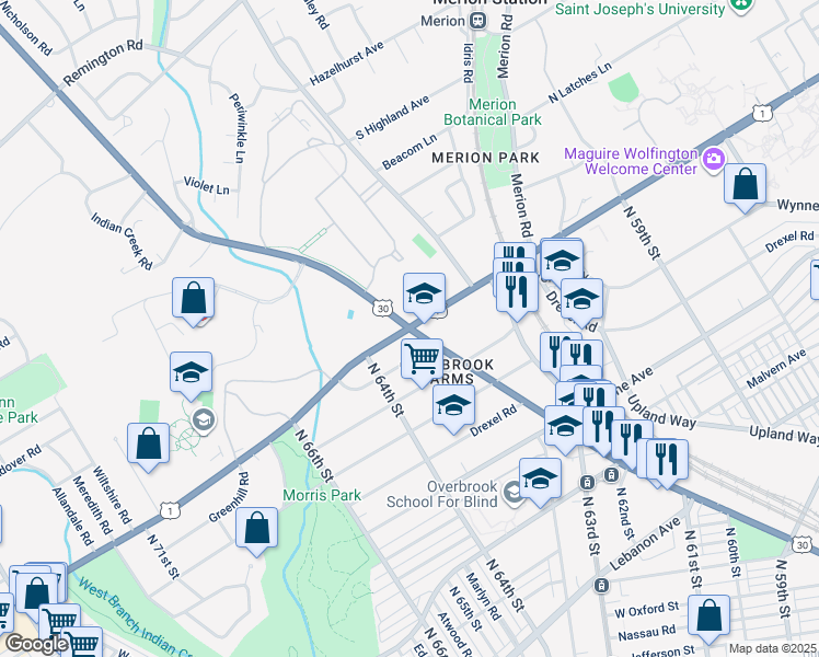 map of restaurants, bars, coffee shops, grocery stores, and more near City Ave & Lancaster Ave in Penn Wynne