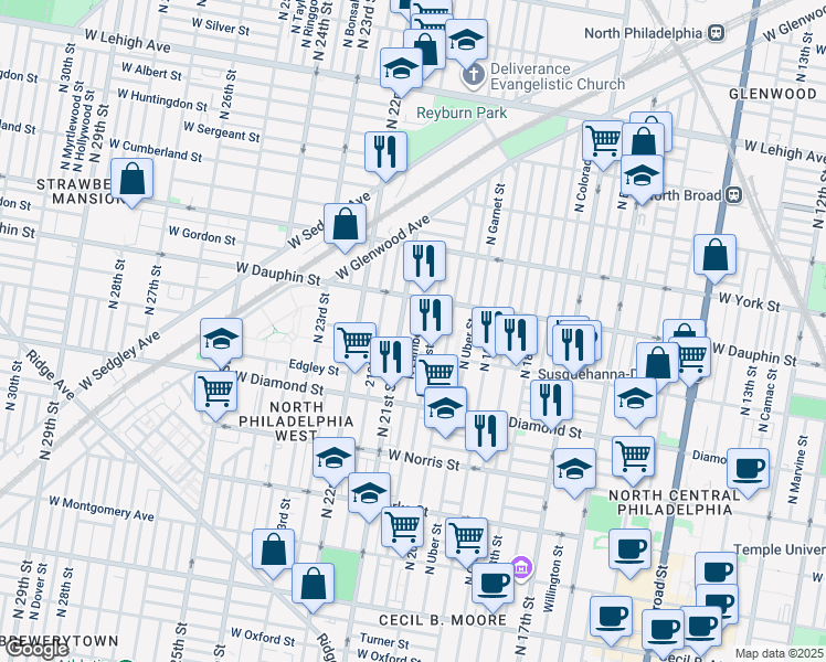 map of restaurants, bars, coffee shops, grocery stores, and more near 2224 North Lambert Street in Philadelphia