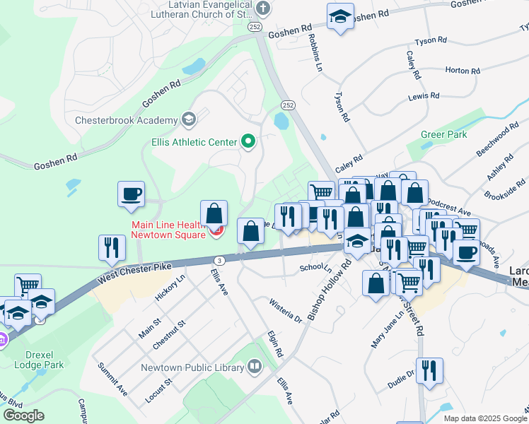 map of restaurants, bars, coffee shops, grocery stores, and more near 3837 West Chester Pike in Newtown Square
