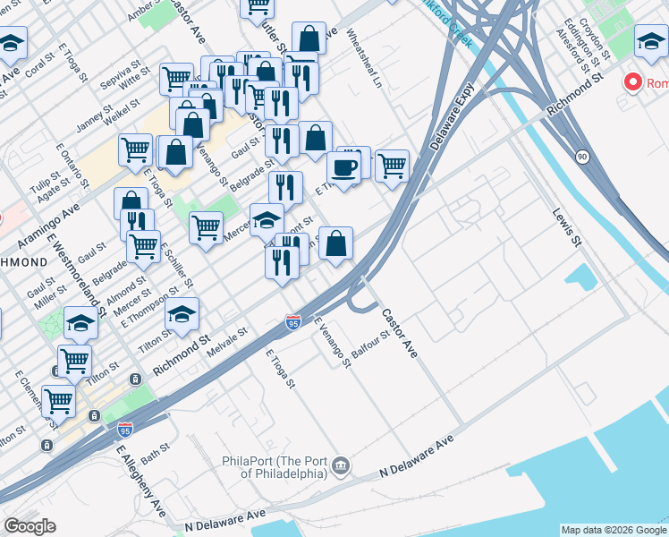 map of restaurants, bars, coffee shops, grocery stores, and more near 3663 Richmond Street in Philadelphia