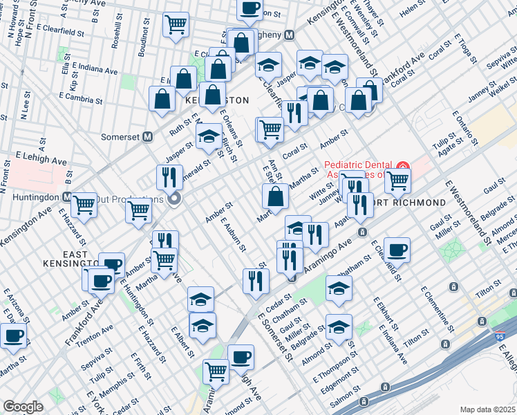 map of restaurants, bars, coffee shops, grocery stores, and more near 2140 East Birch Street in Philadelphia