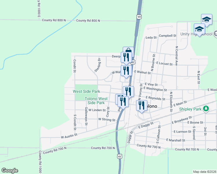 map of restaurants, bars, coffee shops, grocery stores, and more near 303 West Vine Street in Tolono