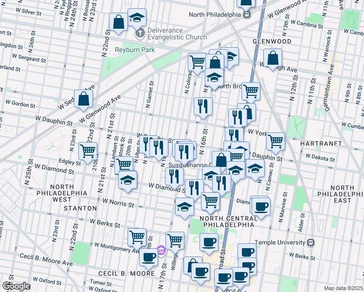 map of restaurants, bars, coffee shops, grocery stores, and more near 2260 North 17th Street in Philadelphia