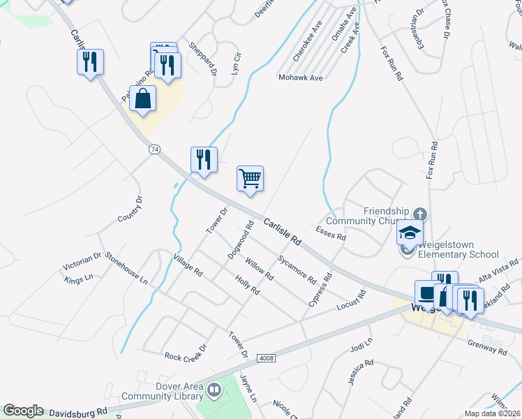 map of restaurants, bars, coffee shops, grocery stores, and more near 3597 Carlisle Road in Dover