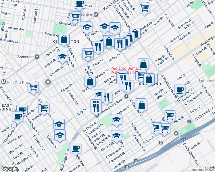map of restaurants, bars, coffee shops, grocery stores, and more near 3037 Janney Street in Philadelphia