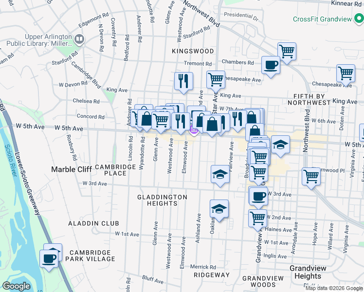 map of restaurants, bars, coffee shops, grocery stores, and more near 1535 Elmwood Avenue in Columbus