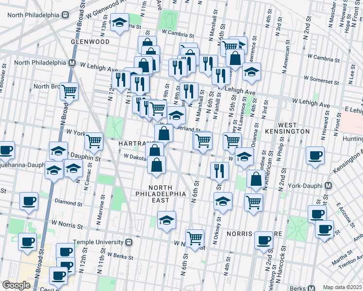 map of restaurants, bars, coffee shops, grocery stores, and more near 2428 North Franklin Street in Philadelphia