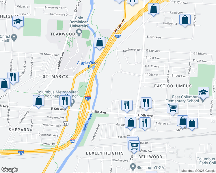 map of restaurants, bars, coffee shops, grocery stores, and more near 935 North Cassady Avenue in Columbus
