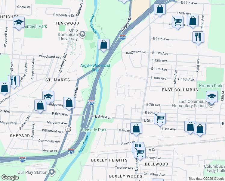 map of restaurants, bars, coffee shops, grocery stores, and more near 935 North Cassady Avenue in Columbus