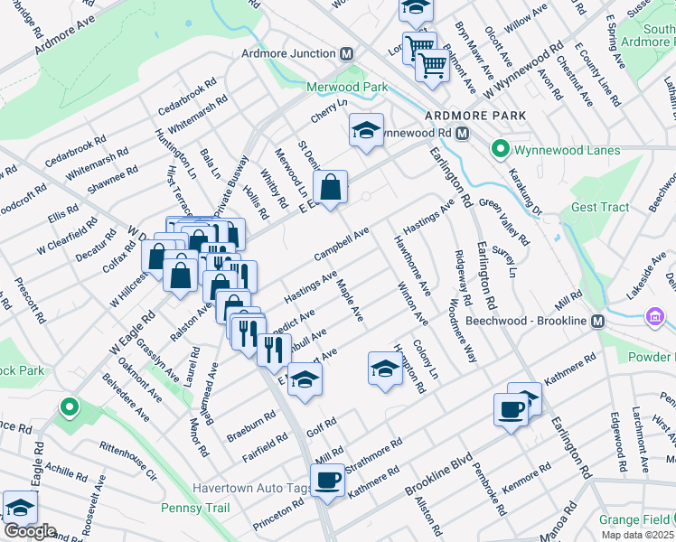 map of restaurants, bars, coffee shops, grocery stores, and more near 207 Hastings Ave in Havertown