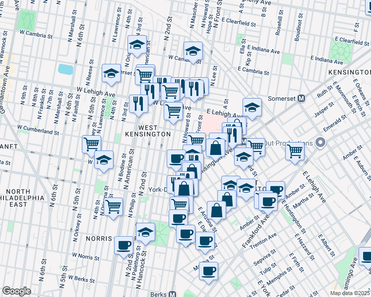 map of restaurants, bars, coffee shops, grocery stores, and more near 2511 North Howard Street in Philadelphia