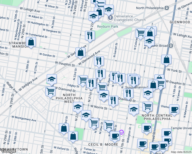 map of restaurants, bars, coffee shops, grocery stores, and more near 2224 North Lambert Street in Philadelphia