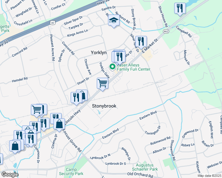 map of restaurants, bars, coffee shops, grocery stores, and more near 3852 East Market Street in York