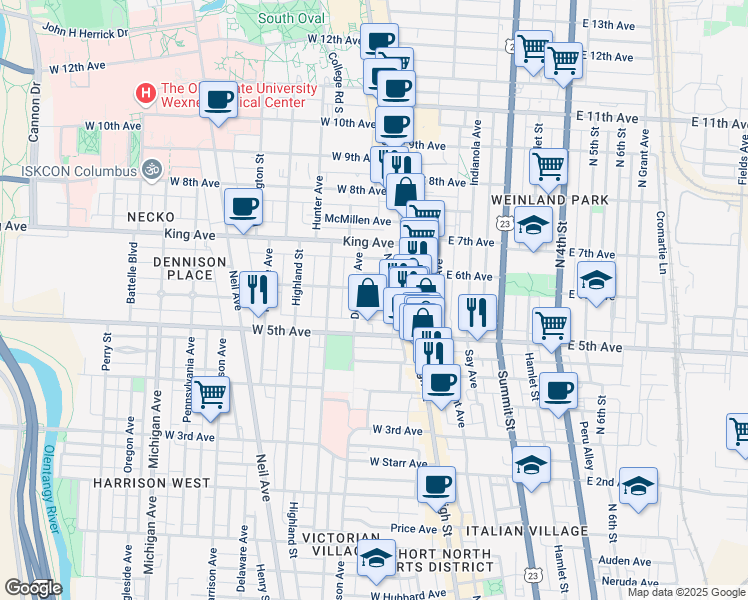 map of restaurants, bars, coffee shops, grocery stores, and more near 60 Smith Place in Columbus