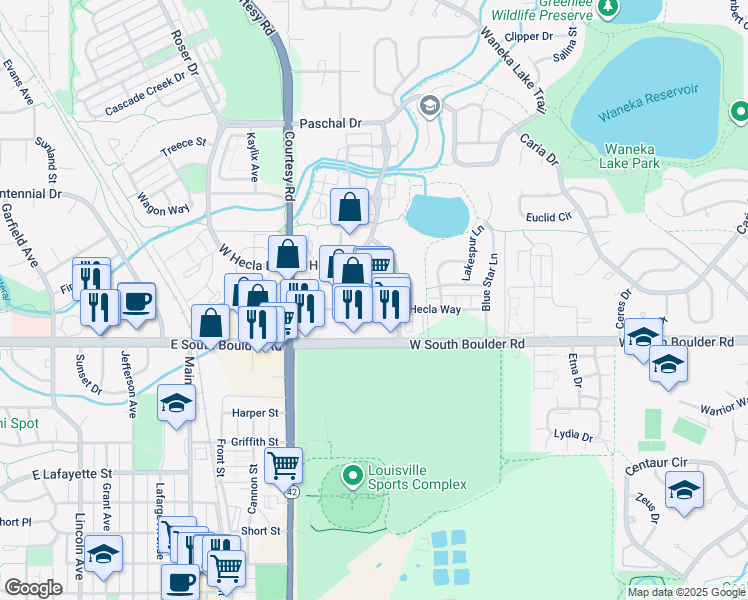map of restaurants, bars, coffee shops, grocery stores, and more near 1375 East South Boulder Road in Louisville