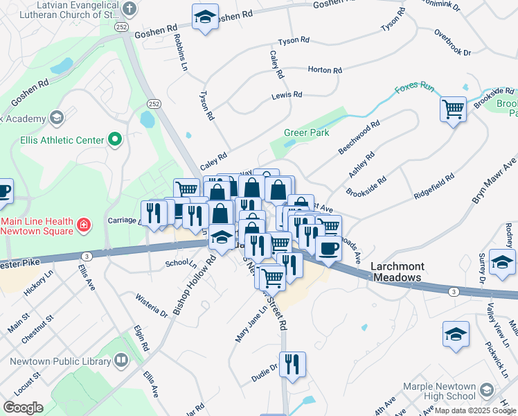 map of restaurants, bars, coffee shops, grocery stores, and more near 15 Saint Albans Avenue in Newtown Square
