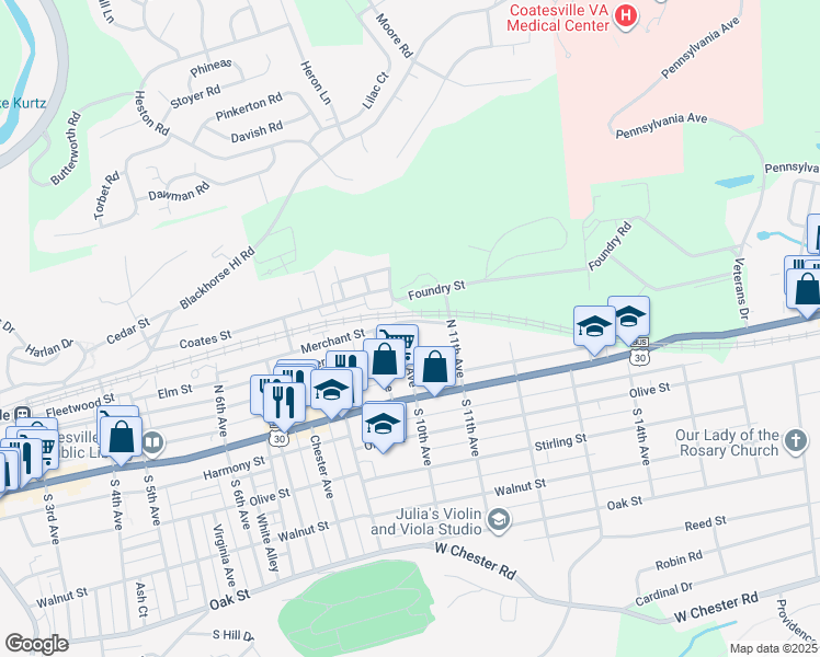 map of restaurants, bars, coffee shops, grocery stores, and more near 1001 Merchant Street in Coatesville
