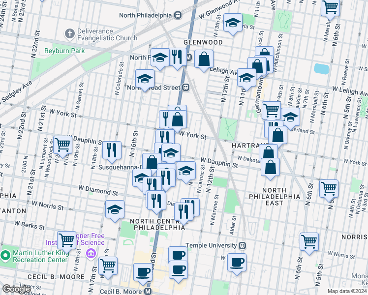 map of restaurants, bars, coffee shops, grocery stores, and more near 2322 North Park Avenue in Philadelphia