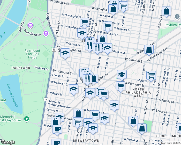 map of restaurants, bars, coffee shops, grocery stores, and more near 2124 North Dover Street in Philadelphia