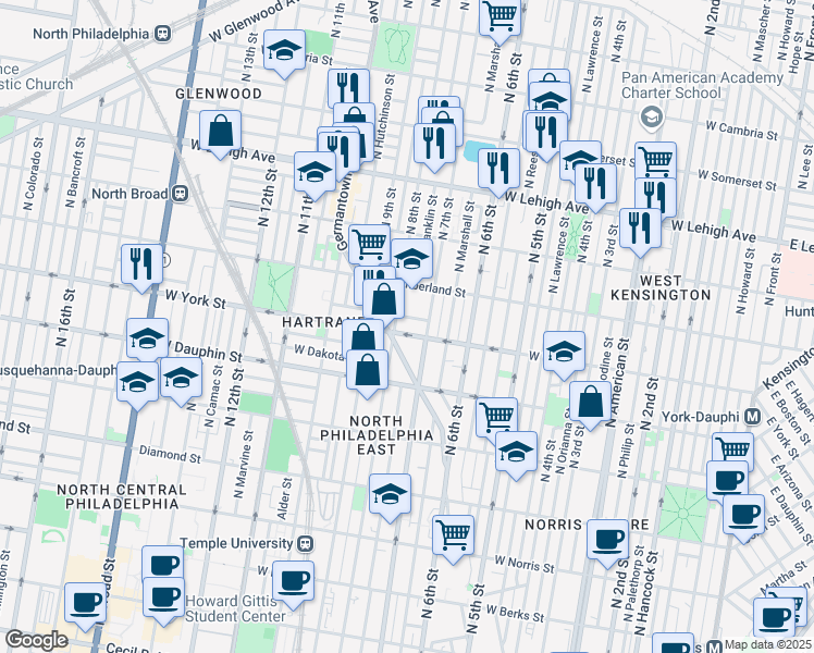map of restaurants, bars, coffee shops, grocery stores, and more near 2428 North Franklin Street in Philadelphia