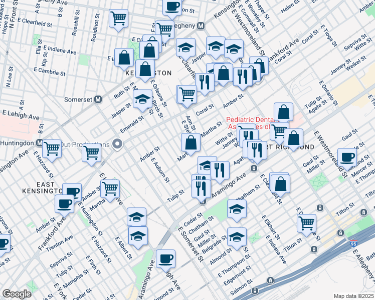 map of restaurants, bars, coffee shops, grocery stores, and more near 2157 East Orleans Street in Philadelphia
