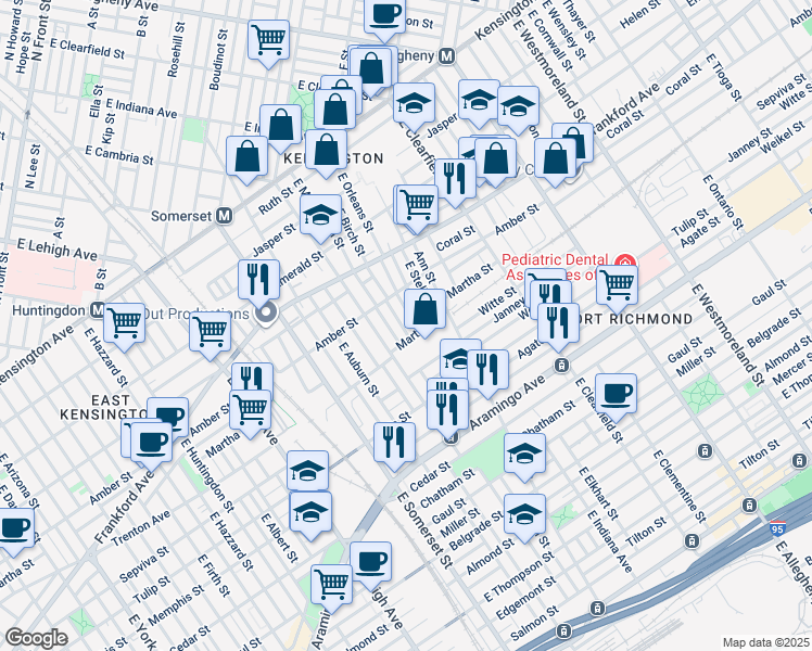 map of restaurants, bars, coffee shops, grocery stores, and more near 2145 East Birch Street in Philadelphia