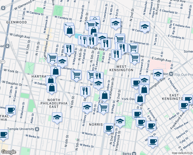 map of restaurants, bars, coffee shops, grocery stores, and more near 2444 North Leithgow Street in Philadelphia