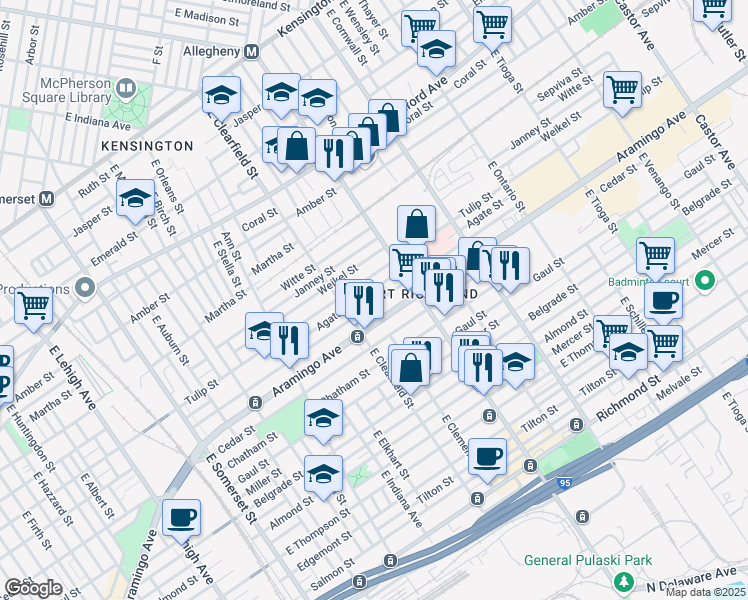 map of restaurants, bars, coffee shops, grocery stores, and more near 3142 Memphis Street in Philadelphia