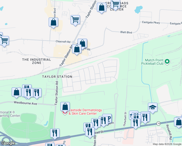 map of restaurants, bars, coffee shops, grocery stores, and more near 390 Modesta Road in Columbus