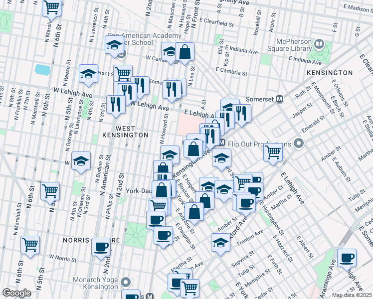 map of restaurants, bars, coffee shops, grocery stores, and more near 2528 North Water Street in Philadelphia
