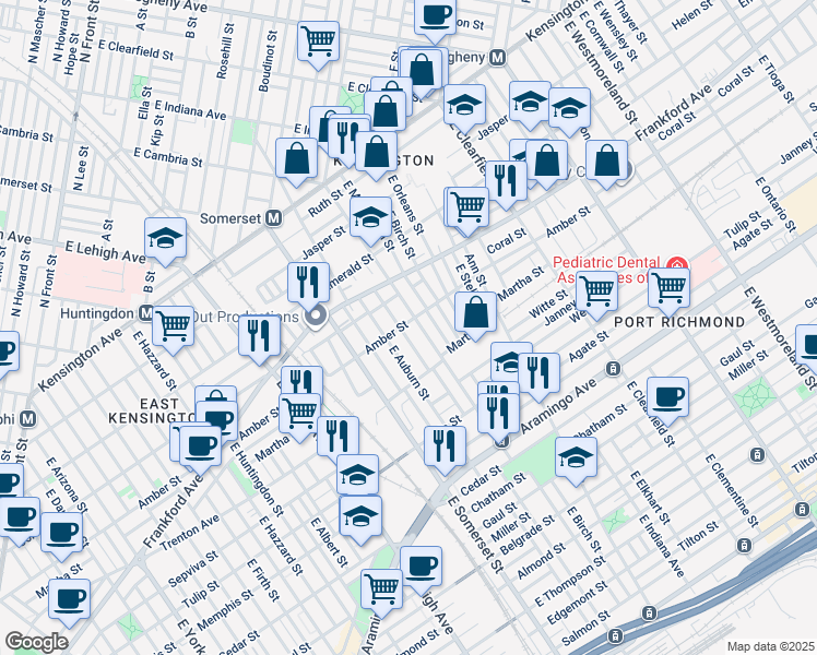 map of restaurants, bars, coffee shops, grocery stores, and more near 2871 Amber Street in Philadelphia