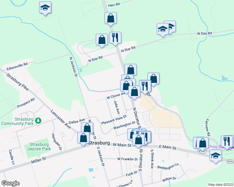 map of restaurants, bars, coffee shops, grocery stores, and more near 29 Clover Avenue in Strasburg