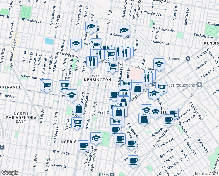 map of restaurants, bars, coffee shops, grocery stores, and more near 2509 Mutter Street in Philadelphia