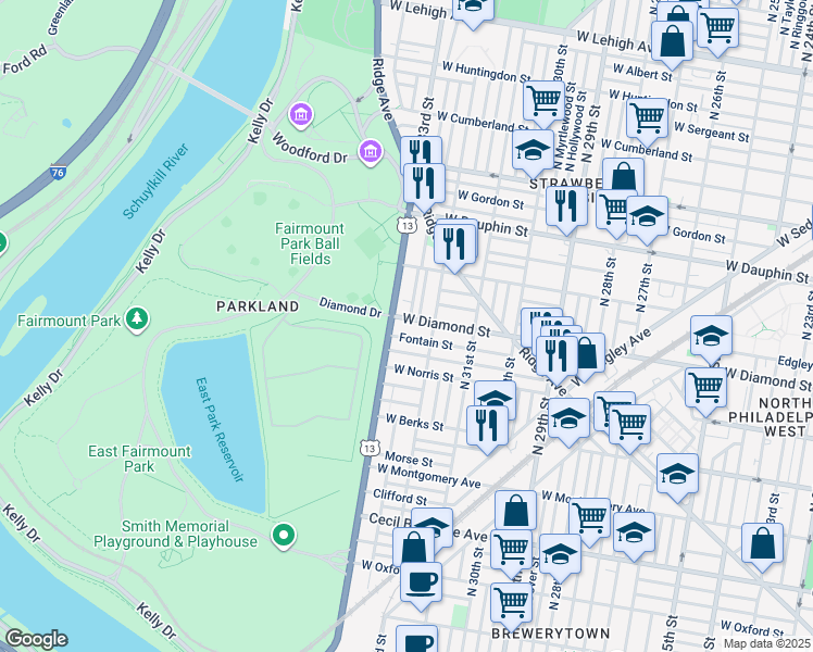 map of restaurants, bars, coffee shops, grocery stores, and more near 3214 West Diamond street in Philadelphia